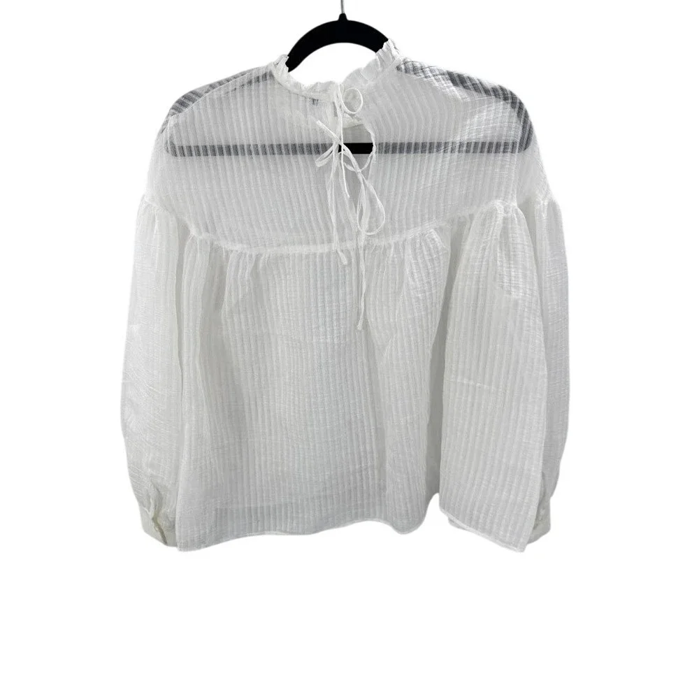 Zara White Organza Striped Ruffle Neck Puff Sleeve Blouse XS 3952/400